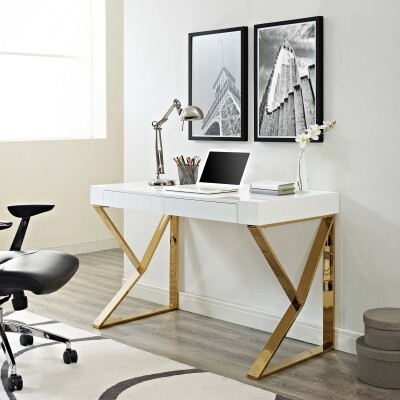EEI-3031-WHI Adjacent Desk White - Gold