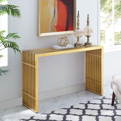 EEI-3036-GLD Gridiron Stainless Steel Console Table