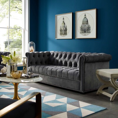 EEI-3064-GRY Heritage Upholstered Velvet Sofa Gray