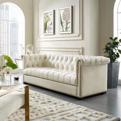 EEI-3064-IVO Heritage Upholstered Velvet Sofa Ivory