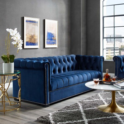 EEI-3064-MID Heritage Upholstered Velvet Sofa Midnight Blue