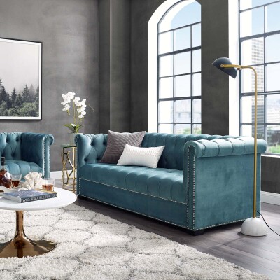 EEI-3064-SEA Heritage Upholstered Velvet Sofa Sea Blue