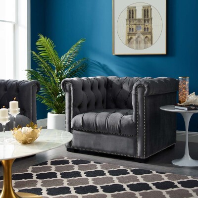 EEI-3065-GRY Heritage Upholstered Velvet Armchair Gray