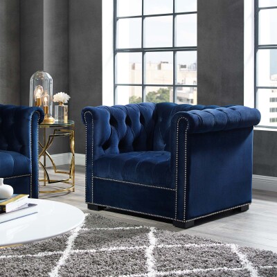 EEI-3065-MID Heritage Upholstered Velvet Armchair Midnight Blue