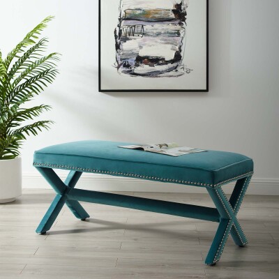 EEI-3067-SEA Rivet Upholstered Velvet Bench Sea Blue