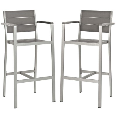 EEI-3155-SLV-GRY-SET Shore Bar Stool Outdoor Patio Aluminum Set of 2 Silver Gray Arm Chairs