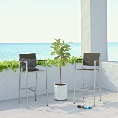 EEI-3155-SLV-GRY-SET Shore Bar Stool Outdoor Patio Aluminum Set of 2 Silver Gray Arm Chairs