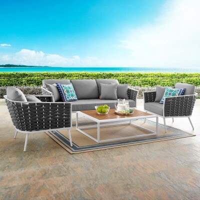 EEI-3167-WHI-GRY-SET Stance 4 Piece Outdoor Patio Aluminum Sectional Sofa Set