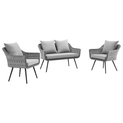 EEI-3175-GRY-GRY-SET Endeavor 3 Piece Outdoor Patio Wicker Rattan Loveseat and Armchair Set Gray Gray