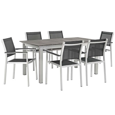 EEI-3200-SLV-BLK-SET Shore 7 Piece Outdoor Patio Aluminum Outdoor Dining Set Arm Chairs