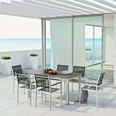 EEI-3200-SLV-BLK-SET Shore 7 Piece Outdoor Patio Aluminum Outdoor Dining Set Arm Chairs