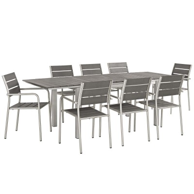 EEI-3201-SLV-GRY-SET Shore 9 Piece Outdoor Patio Aluminum Dining Set Silver Gray Arm Chairs