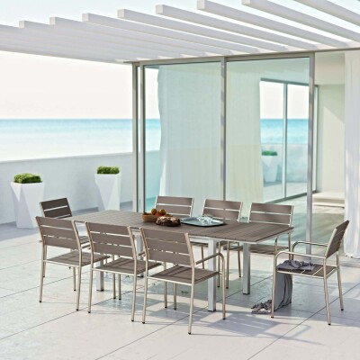 EEI-3201-SLV-GRY-SET Shore 9 Piece Outdoor Patio Aluminum Dining Set Silver Gray Arm Chairs