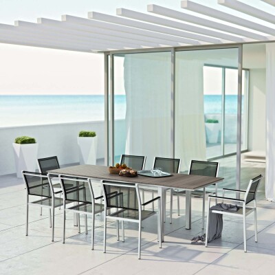 EEI-3202-SLV-BLK-SET Shore 9 Piece Outdoor Patio Aluminum Outdoor Dining Set Arm Chairs