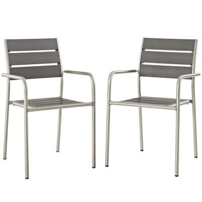 EEI-3203-SLV-GRY-SET Shore Dining Chair Outdoor Patio Aluminum Set of 2 Silver Gray Arm Chairs