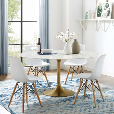 EEI-3234-GLD-WHI Lippa 60" Round Artificial Marble Dining Table with Gold Base