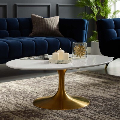 EEI-3248-GLD-WHI Lippa 42" Oval-Shaped Coffee Table With Gold Base
