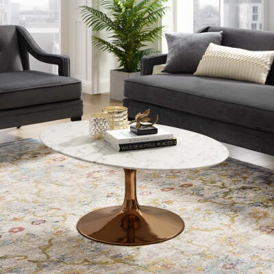 EEI-3252-ROS-WHI Lippa 42" Oval-Shaped Coffee Table With Rose Gold Base