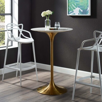 EEI-3264-GLD-WHI Lippa 28" Artificial Marble Bar Table Gold White