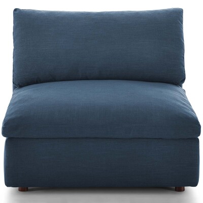 A blue couch with a wooden frame.