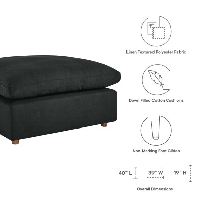 A black ottoman with measurements and instructions.