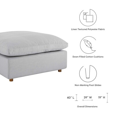 A grey ottoman with measurements and instructions.