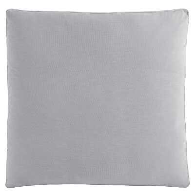 A grey square pillow on a white background.