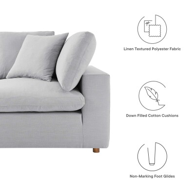 An image of a grey couch with a description of its features.