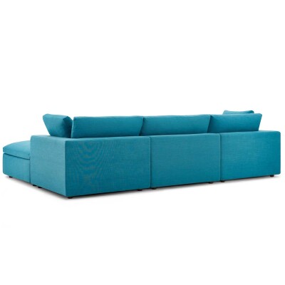 A blue sectional sofa on a white background.