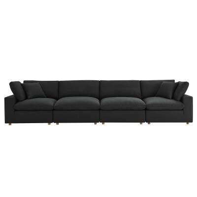 A black sectional sofa on a white background.