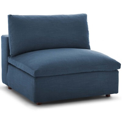 A blue upholstered chair with a wooden frame.