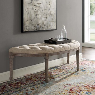 EEI-3369-BEI Esteem Vintage French Upholstered Fabric Semi-Circle Bench Beige
