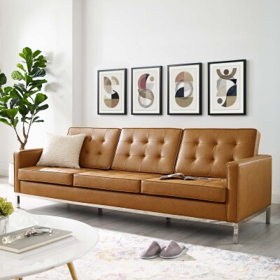 EEI-3385-SLV-TAN Loft Tufted Upholstered Faux Leather Sofa