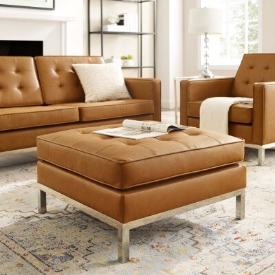 EEI-3394-SLV-TAN Loft Tufted Upholstered Faux Leather Ottoman
