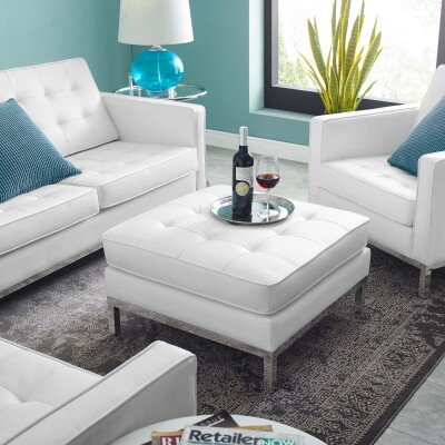 EEI-3394-SLV-WHI Loft Tufted Upholstered Faux Leather Ottoman