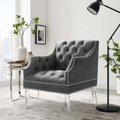 EEI-3413-GRY Proverbial Tufted Button Accent Performance Velvet Armchair Gray