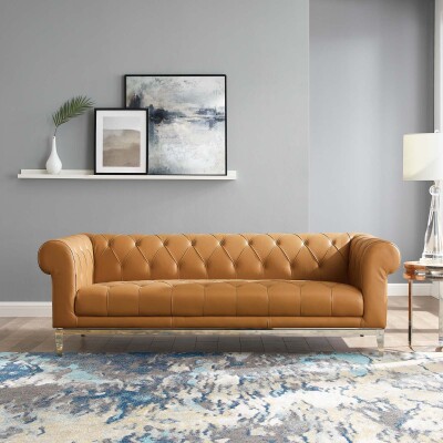 EEI-3441-TAN Idyll Tufted Button Upholstered Leather Chesterfield Sofa Tan
