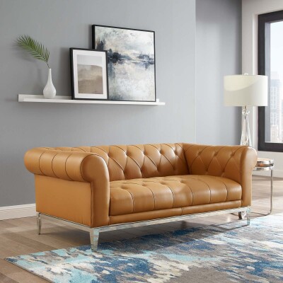 EEI-3442-TAN Idyll Tufted Button Upholstered Leather Chesterfield Loveseat Tan