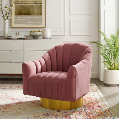 EEI-3459-DUS Buoyant Vertical Channel Tufted Accent Lounge Performance Velvet Swivel Chair Dusty Rose