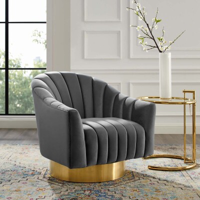 EEI-3459-GRY Buoyant Vertical Channel Tufted Accent Lounge Performance Velvet Swivel Chair Gray
