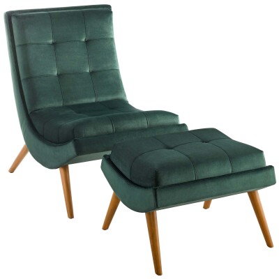 EEI-3487-GRN Ramp Upholstered Performance Velvet Lounge Chair and Ottoman Set Green