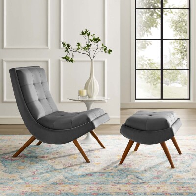 EEI-3487-GRY Ramp Upholstered Performance Velvet Lounge Chair and Ottoman Set Gray