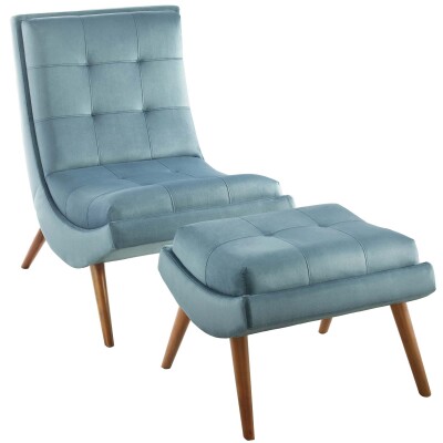 EEI-3487-LBU Ramp Upholstered Performance Velvet Lounge Chair and Ottoman Set Light Blue