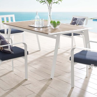 EEI-3572-WHI-NAT Roanoke 73" Outdoor Patio Aluminum Dining Table White Natural