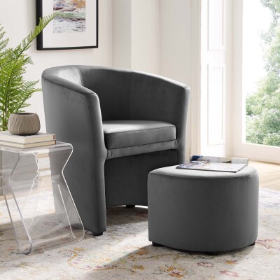 EEI-3607-GRY Divulge Stain Resistant Velvet Arm Chair and Ottoman Set Gray