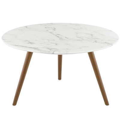 EEI-3660-WAL-WHI Lippa 28" Round Artificial Marble Coffee Table with Tripod Base Walnut White