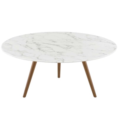 EEI-3661-WAL-WHI Lippa 36" Round Artificial Marble Coffee Table with Tripod Base Walnut White