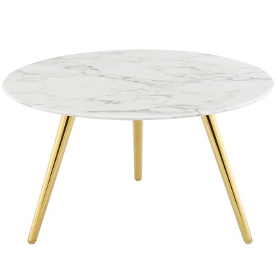 EEI-3664-GLD-WHI Lippa 28" Round Artificial Marble Coffee Table with Tripod Base Gold White