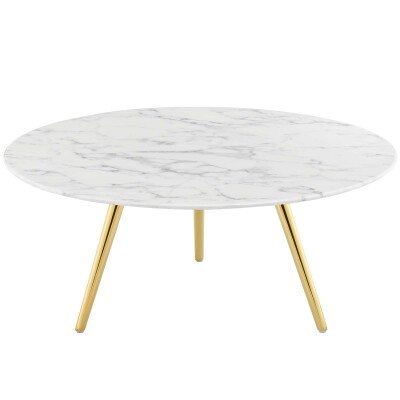 EEI-3665-GLD-WHI Lippa 36" Round Artificial Marble Coffee Table with Tripod Base Gold White