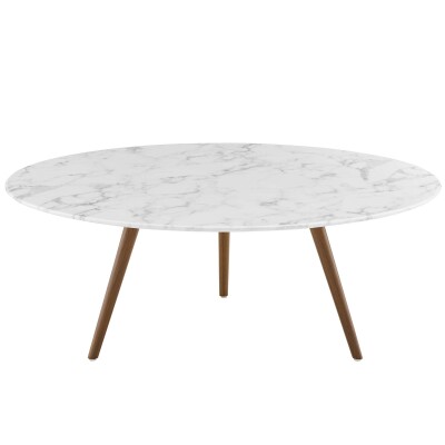 EEI-3668-WAL-WHI Lippa 40" Round Artificial Marble Coffee Table with Tripod Base Walnut White
